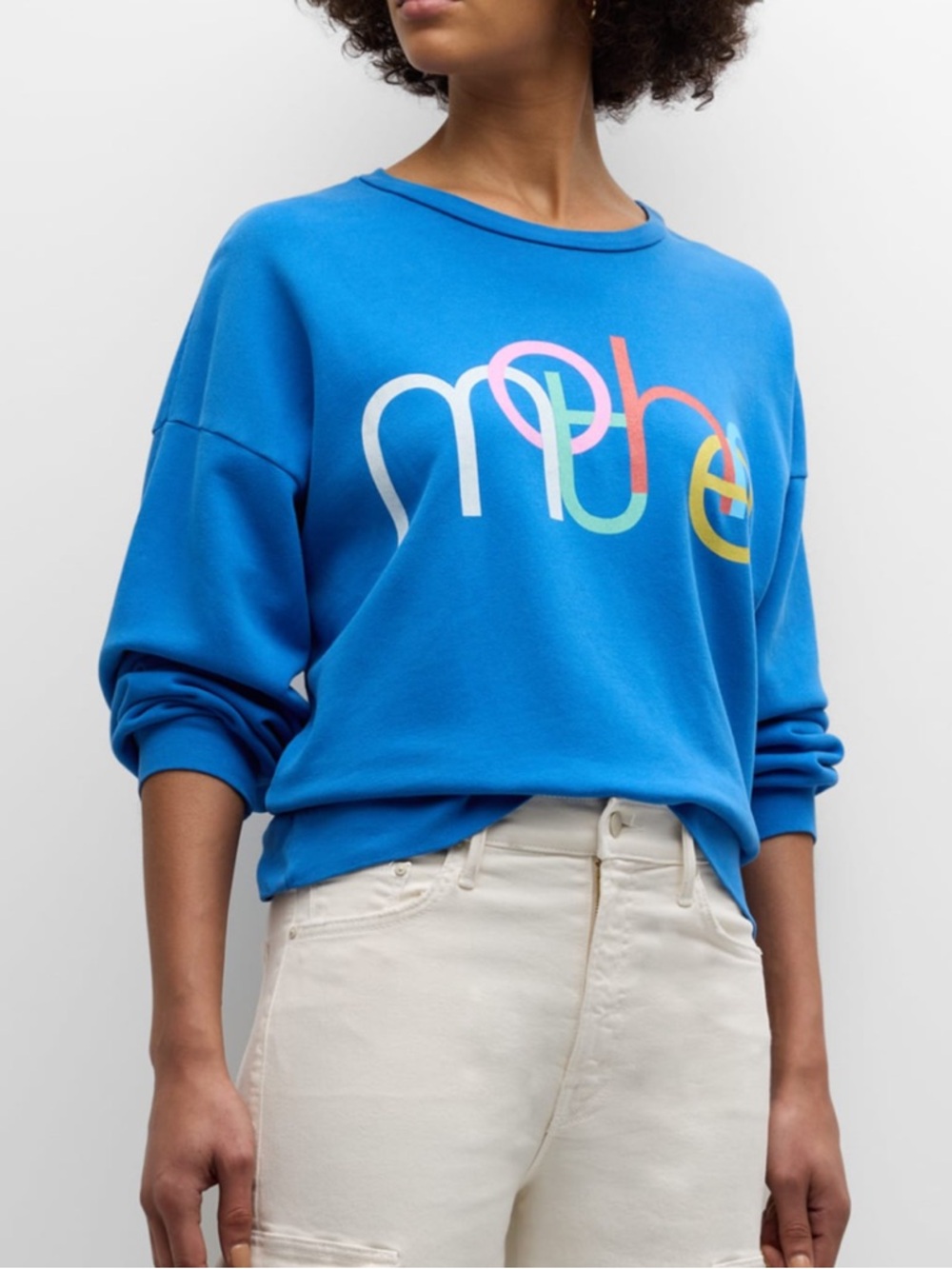Mother The Drop Square Sweatshirt Bright Blue Logo with Multicolor Script
